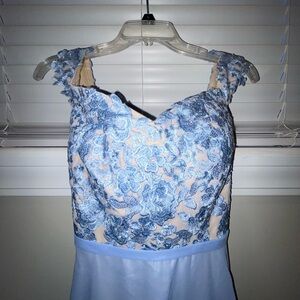 JJs House Blue A-line Prom Dress with Sweetheart Neckline and Flutter Sleeves